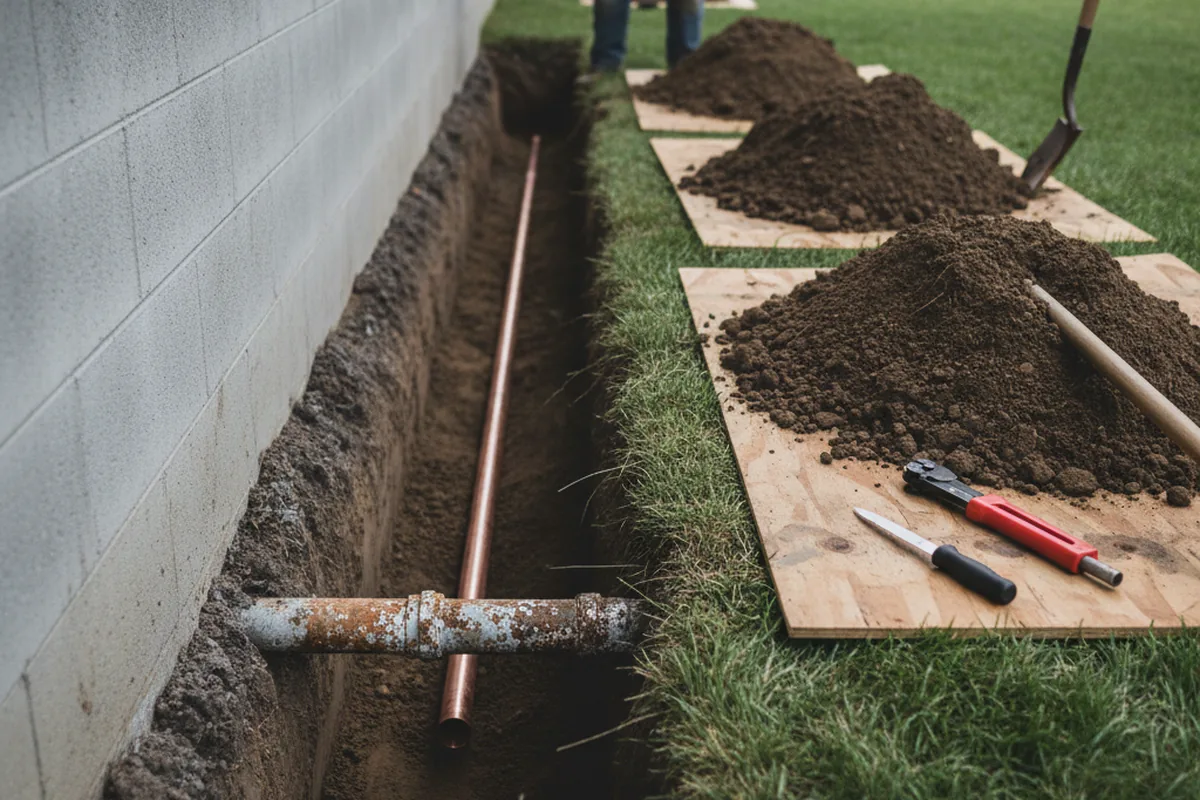Excavated water line trench during Sewer Line Repair in Saugus